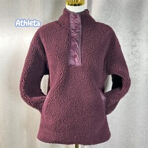 Athleta Womens Sherpa Fleece Pullover Snap Neck Quilted Trim Burgundy Small S